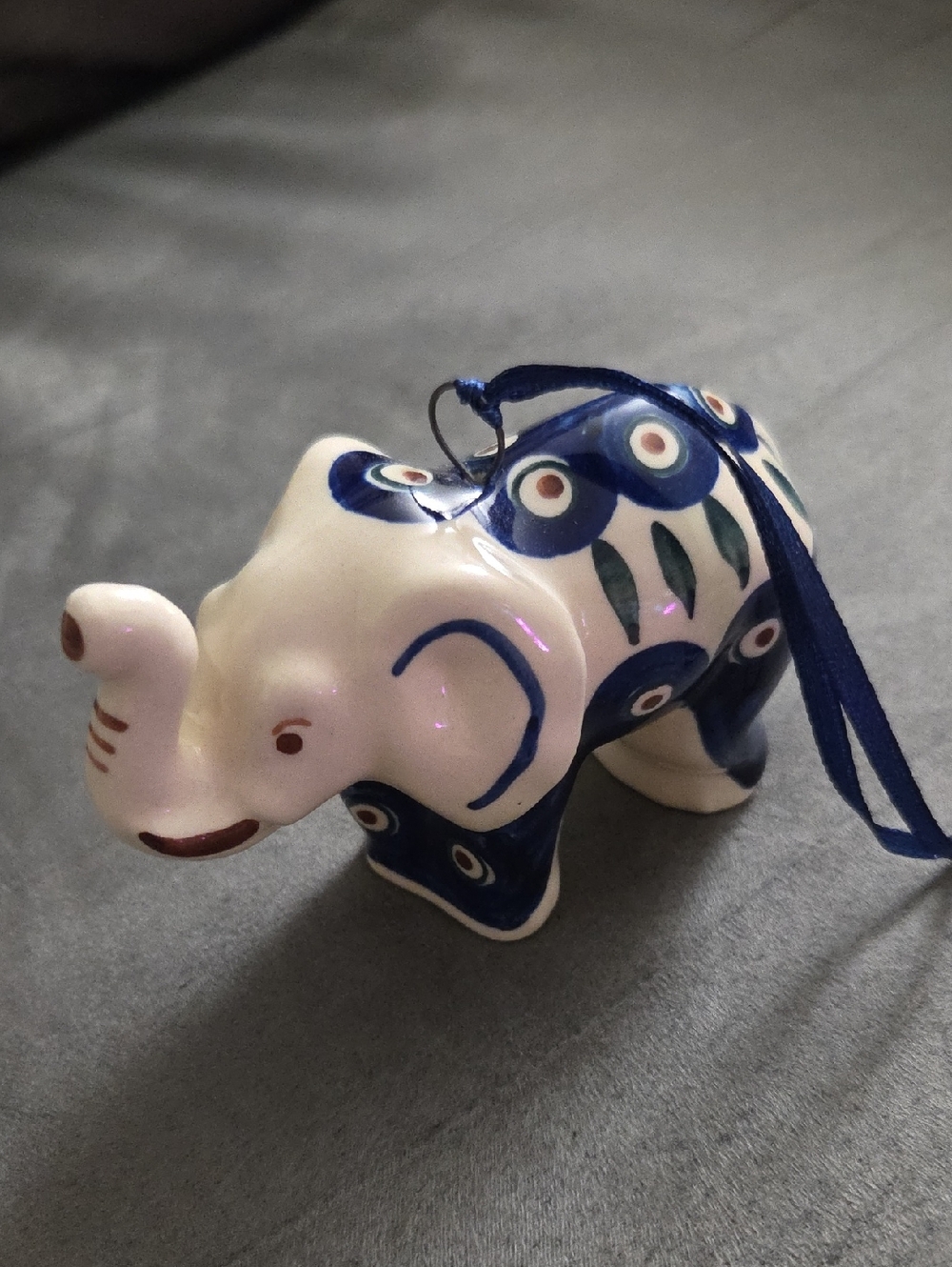 Boleslawiec Polish Pottery Elephant Ornament with Blue Decorative Accents - Picture 2 of 6